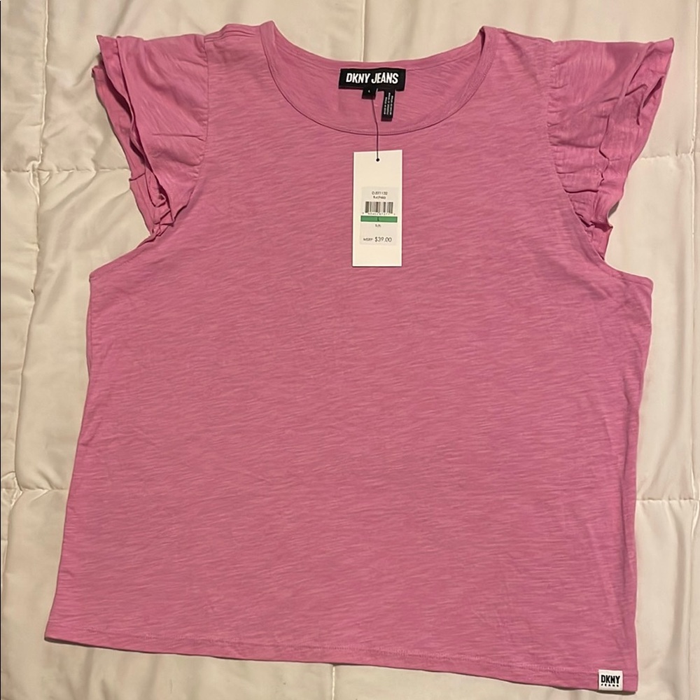 Preppy Transition to Fall with this cute DKNY Pink Ruffle Sleeve Top